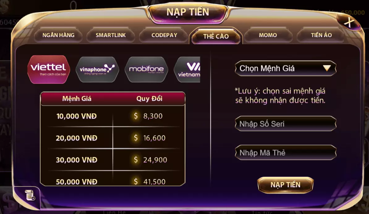 Nạp tiền vào tài khoản Gemwin qua hình thức thẻ cào